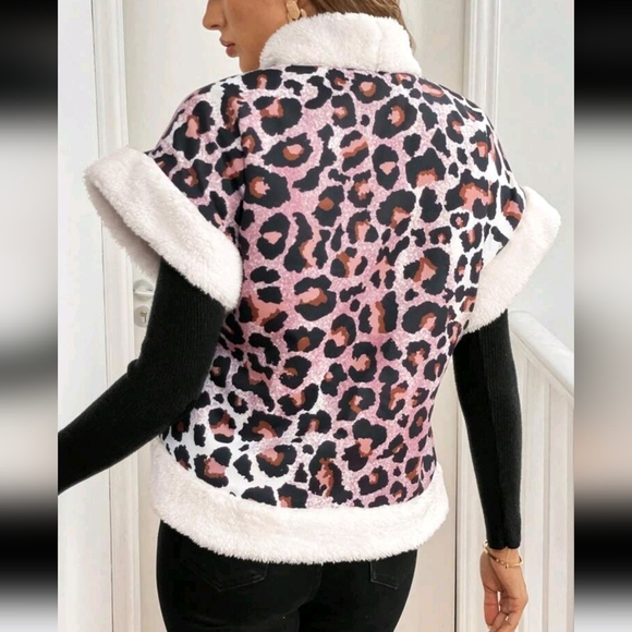 Leopard Print Plush Hem Thermal Lined Casual Sleeveless Jacket For Women - Picture 2 of 4